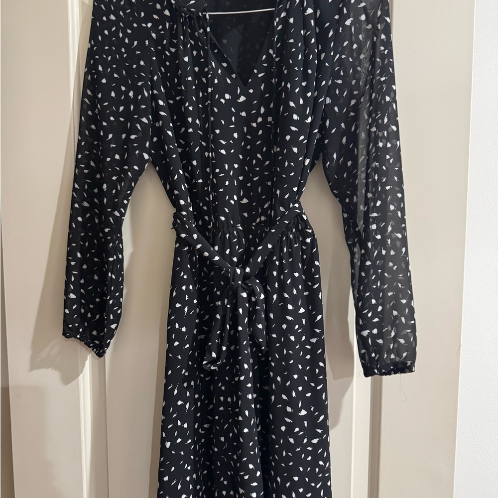 LOFT Black Dress with White Pattern Long Sleeve